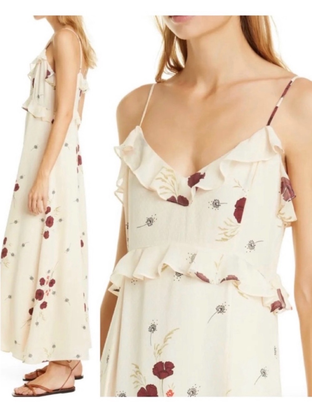NWT Joie Floral Ruffle Slip Dress - Cream with Burgundy - Picture 2 of 3